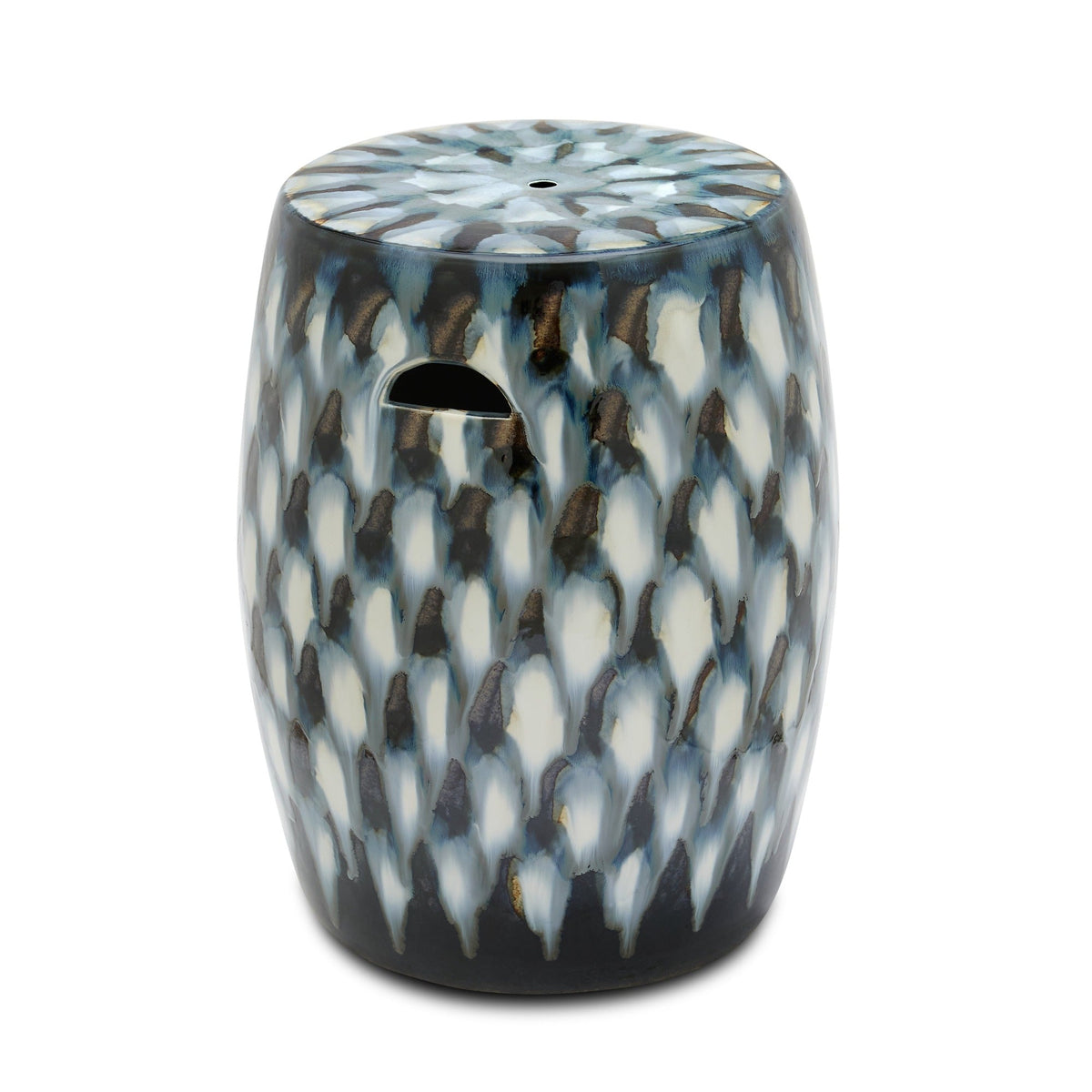 Pheasant Feather glazed ceramic Garden Stool in blue by Bunny Williams home