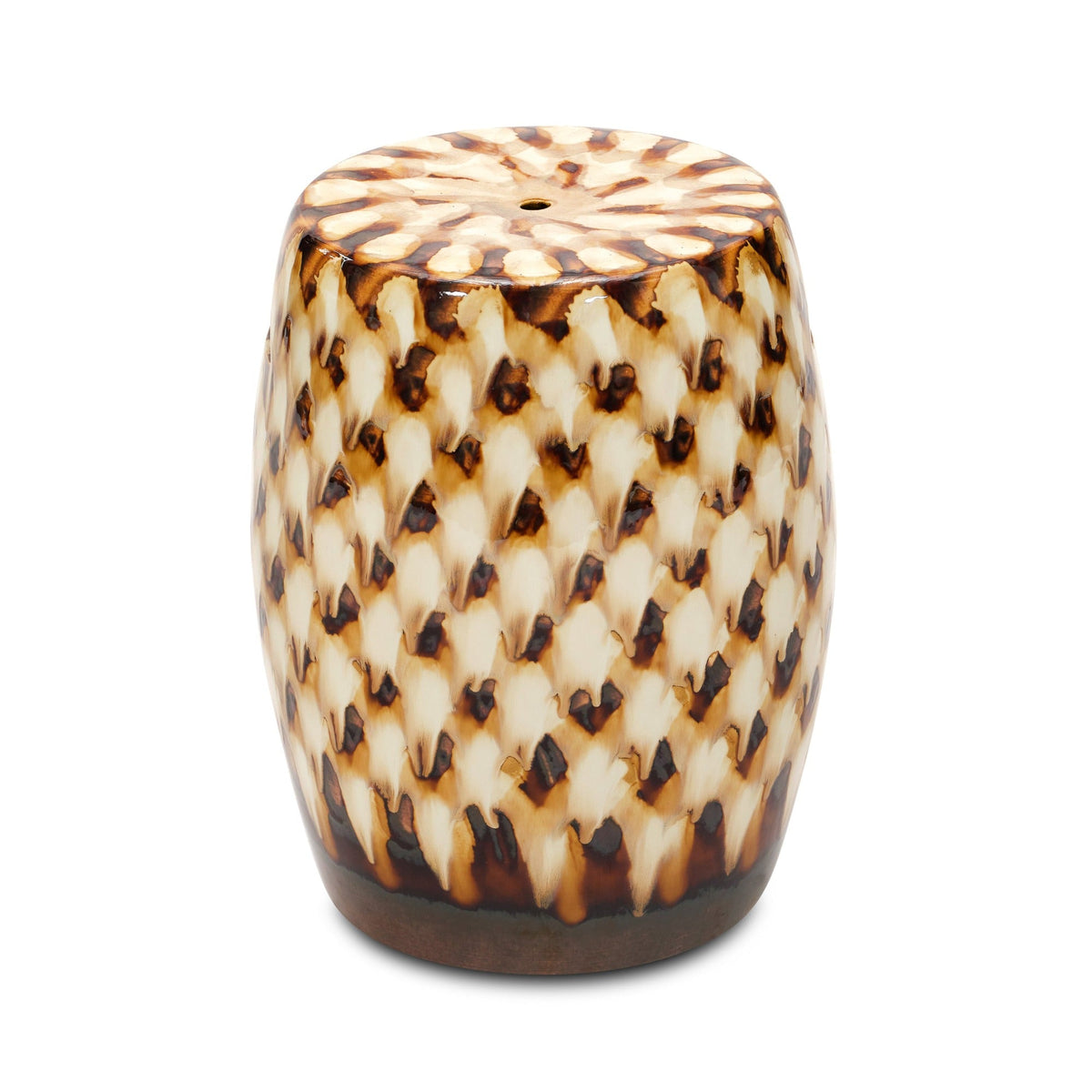 Pheasant Feather glazed ceramic Garden Stool in brown by Bunny Williams home