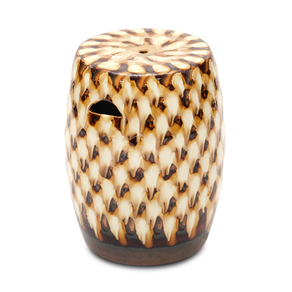 Pheasant Feather glazed ceramic Garden Stool in brown by Bunny Williams home