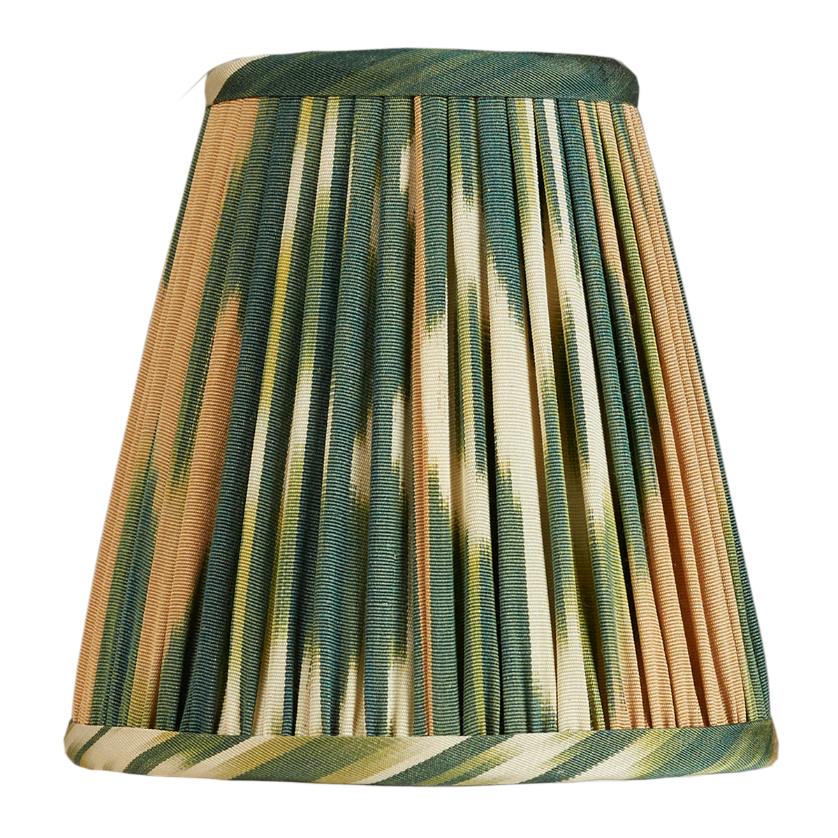 Pair of 6 inch Green and caramel silk and cotton clip on Ikat lampshades
