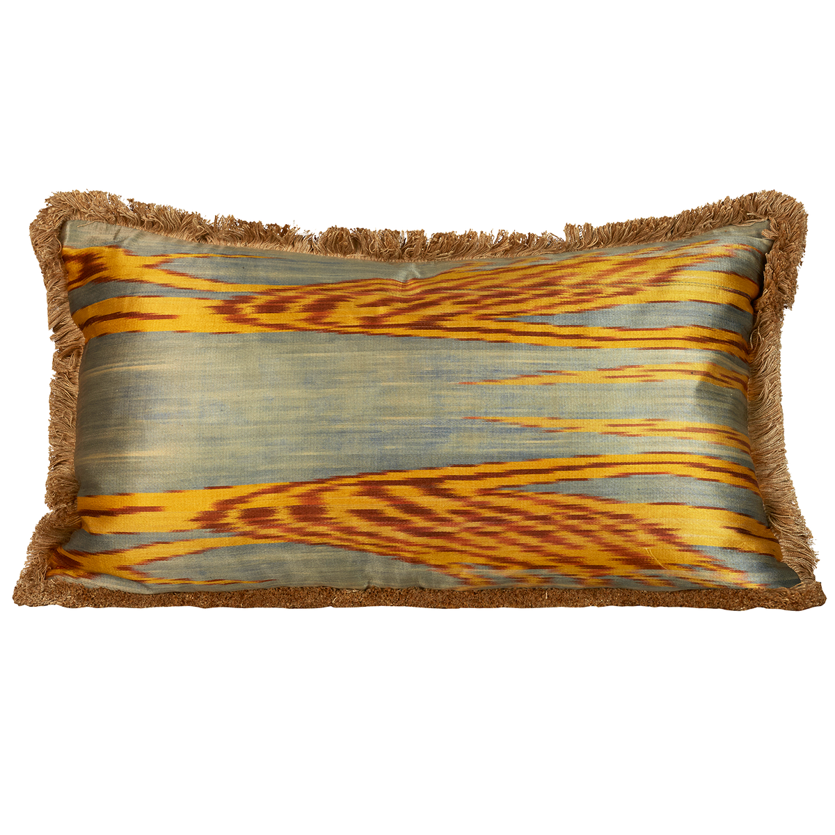 Rectangular hand-woven silk Ikat cushion - throw pillow with brush fringe