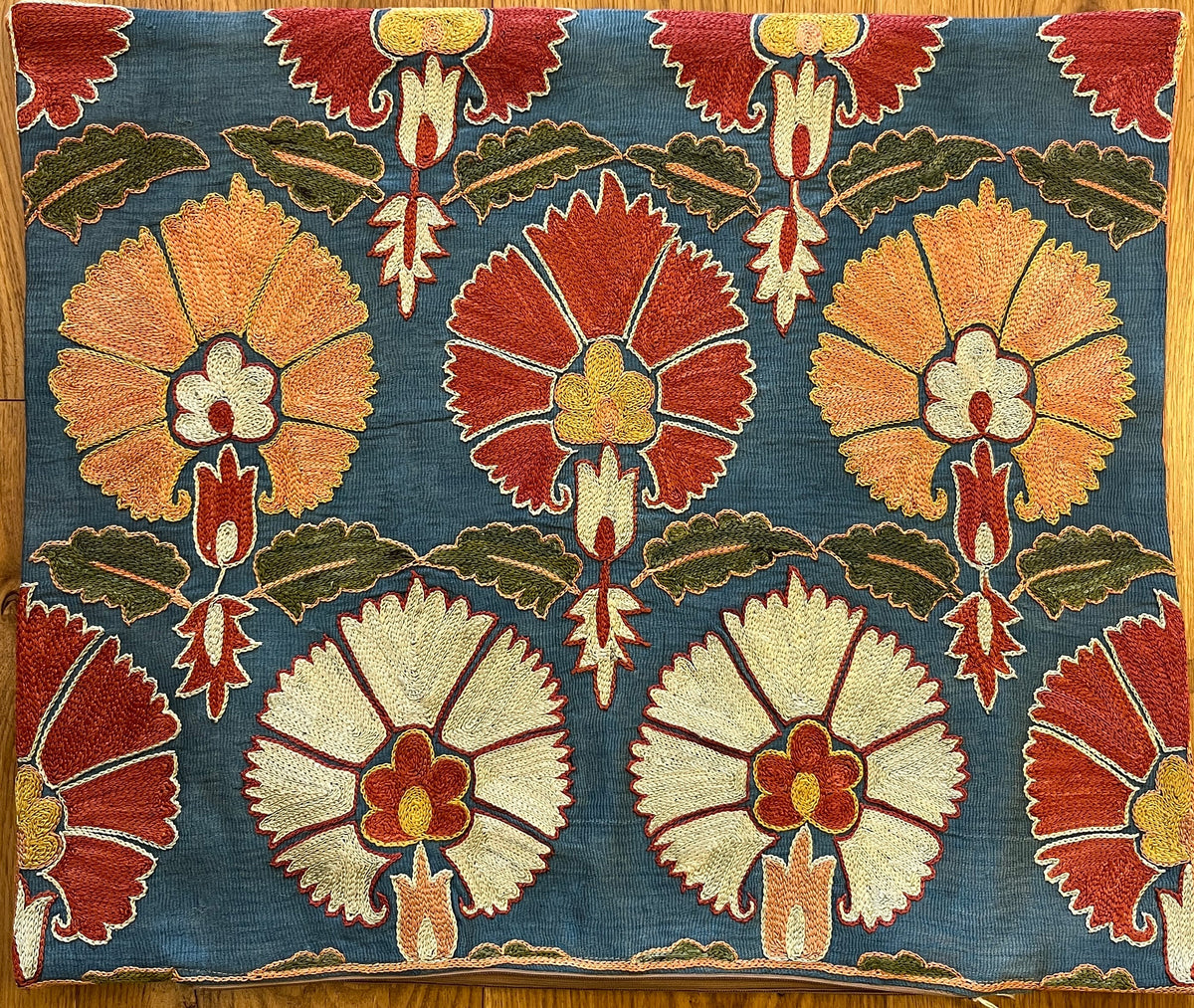 Rectangular floral design suzani with carnation design on blue ground