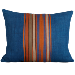 Silk Jajim Cushion/ pillow - Indigo denim blue and orange stripe