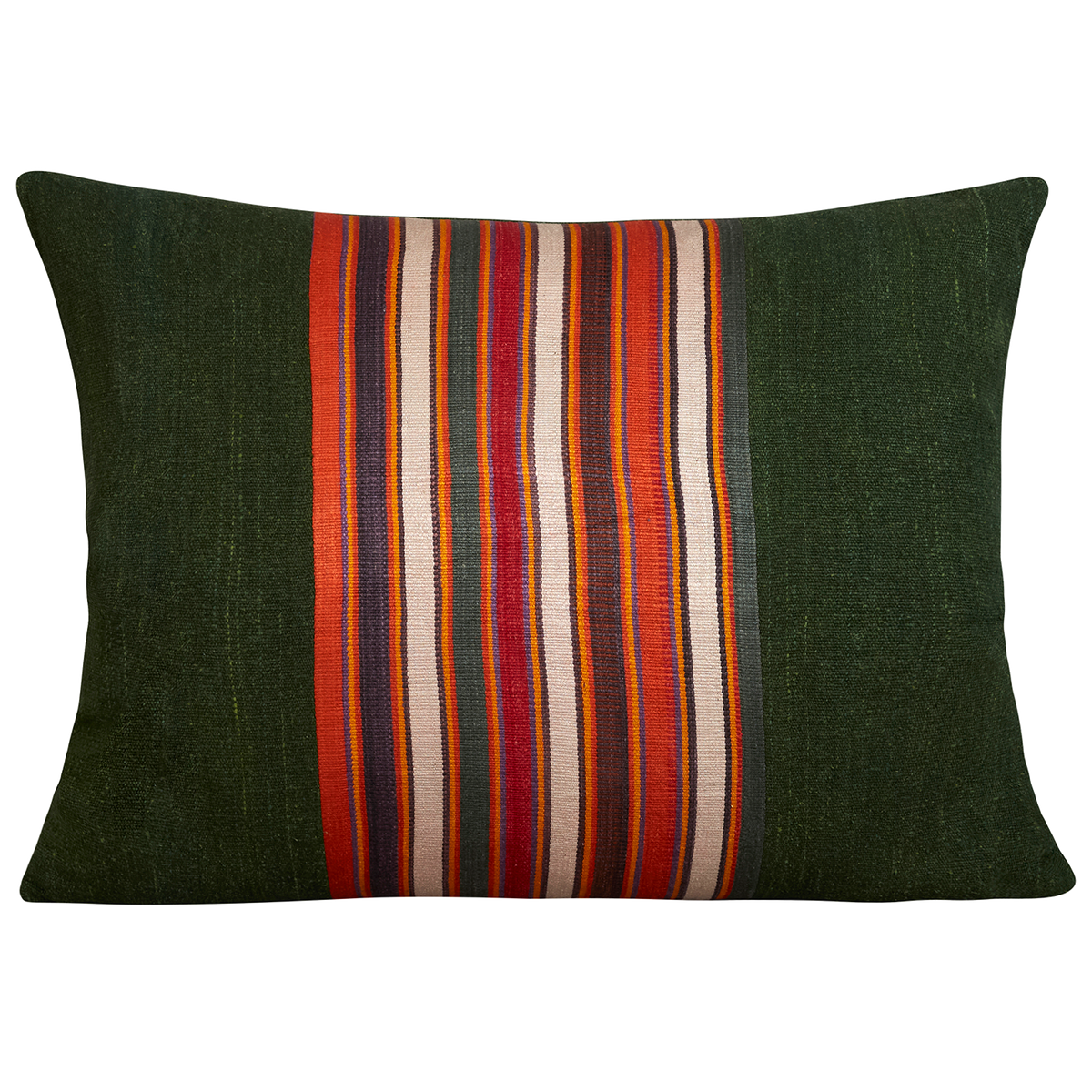 Silk Jajim Cushion/ pillow - Forest green with orange/ecru and red stripe