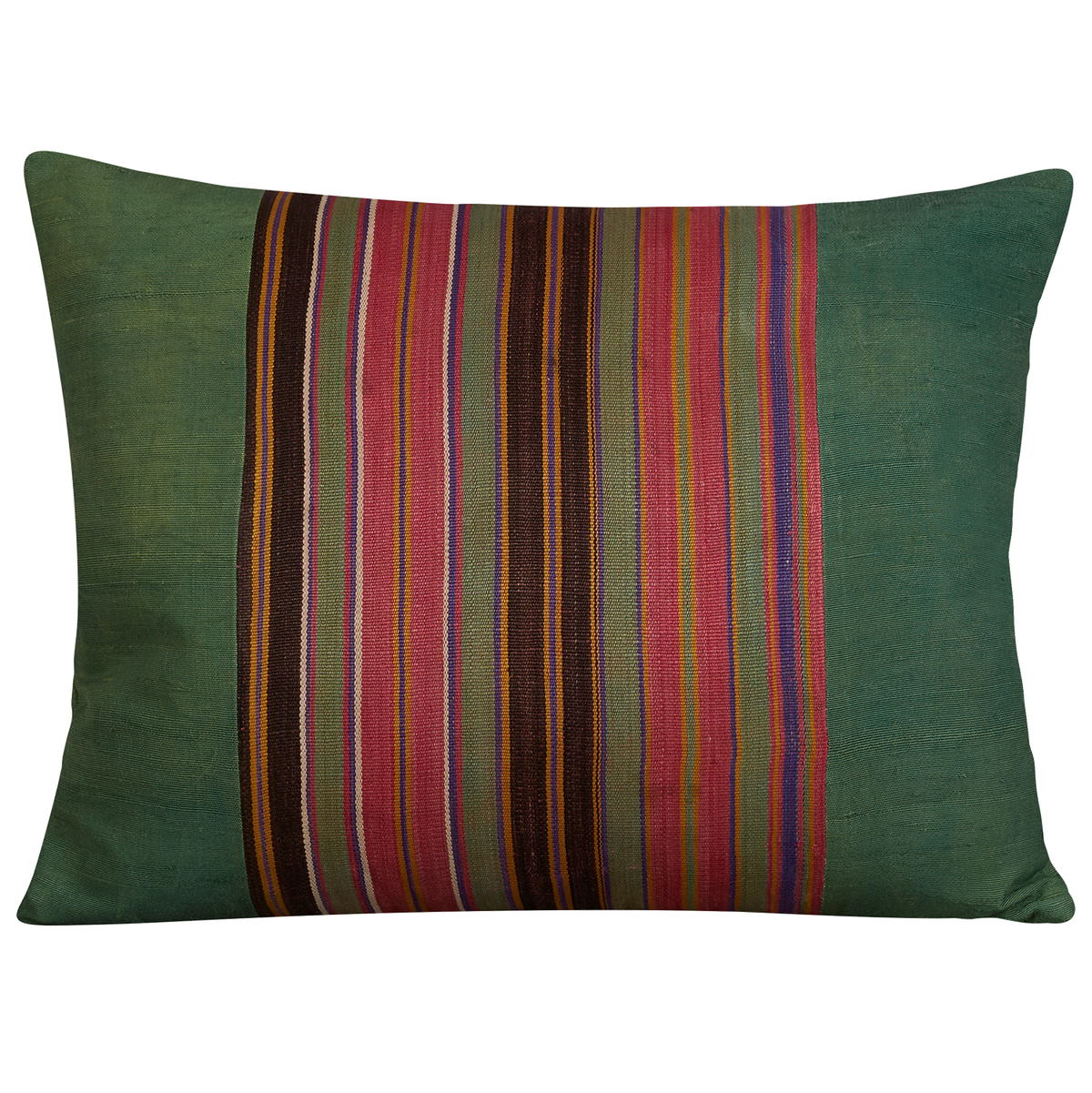 Silk Jajim Cushion/ pillow - Leaf green with fuchsia and eggplant stripe