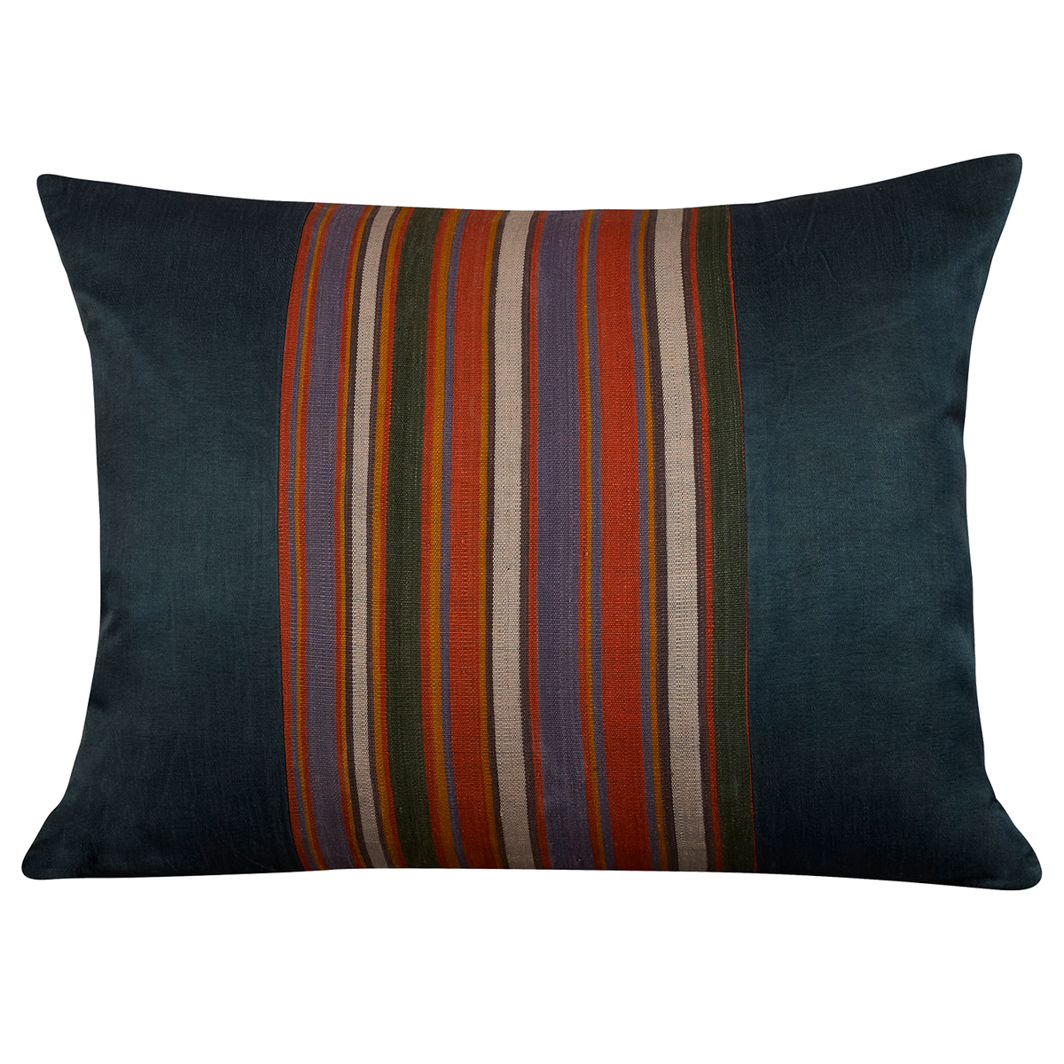 Silk Jajim Cushion/ pillow - Deep indigo with multicolour and orange stripe