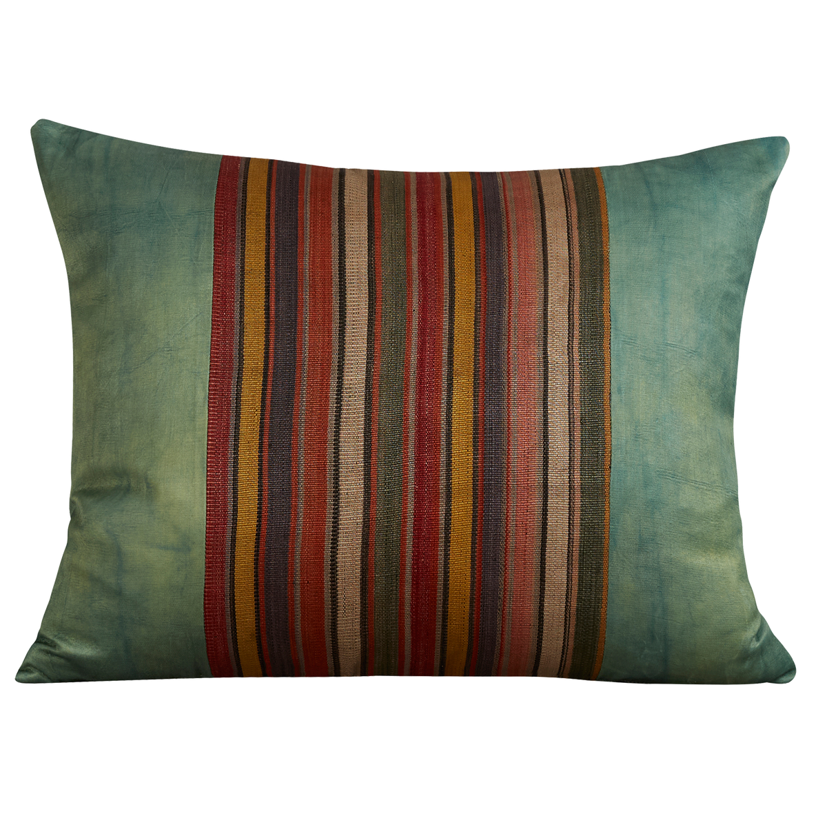 Silk Jajim cushion - Terracotta/pink/yellow stripe on leaf green silk
