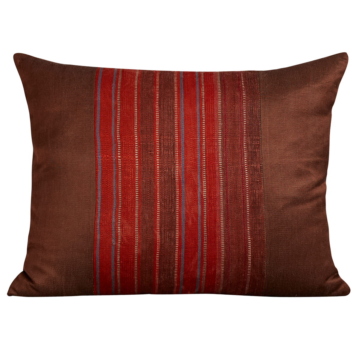 Silk Jajim cushion - Red/aubergine stripe on chocolate brown silk