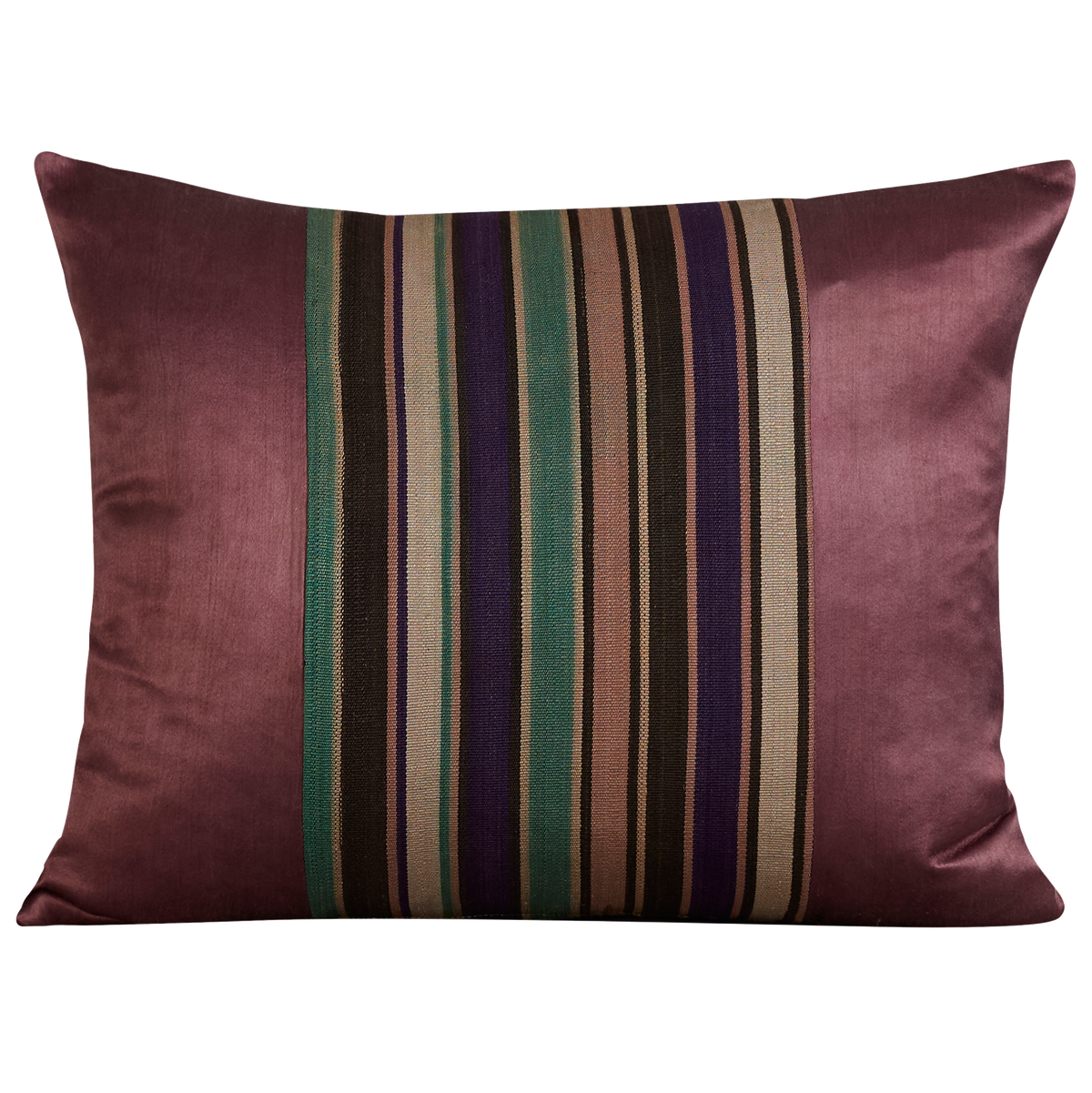 Silk Jajim cushion - Green/ecru and grey stripe on aubergine silk