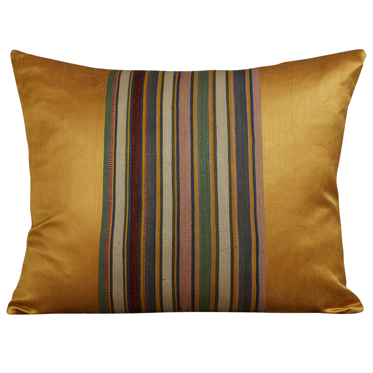 Silk Jajim cushion - Pink/green and grey stripe on yellow silk