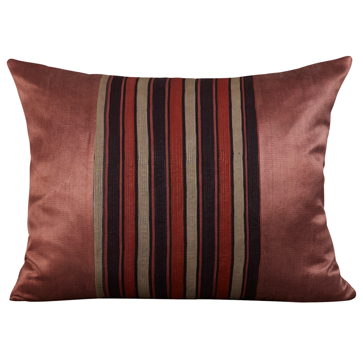 Silk Jajim cushion - Terracotta/ecru and grey stripe on aubergine silk