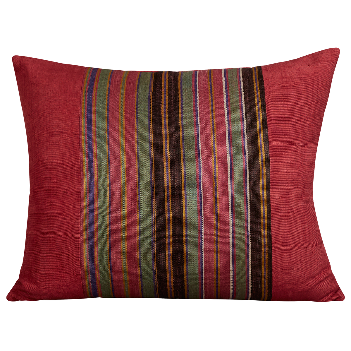 Silk Jajim cushion - Green/pink and brown stripe on fuchsia silk