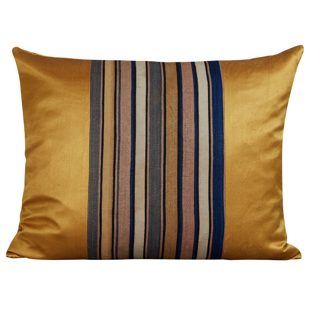 Silk Jajim cushion - Yellow/grey and navy blue stripe on yellow silk