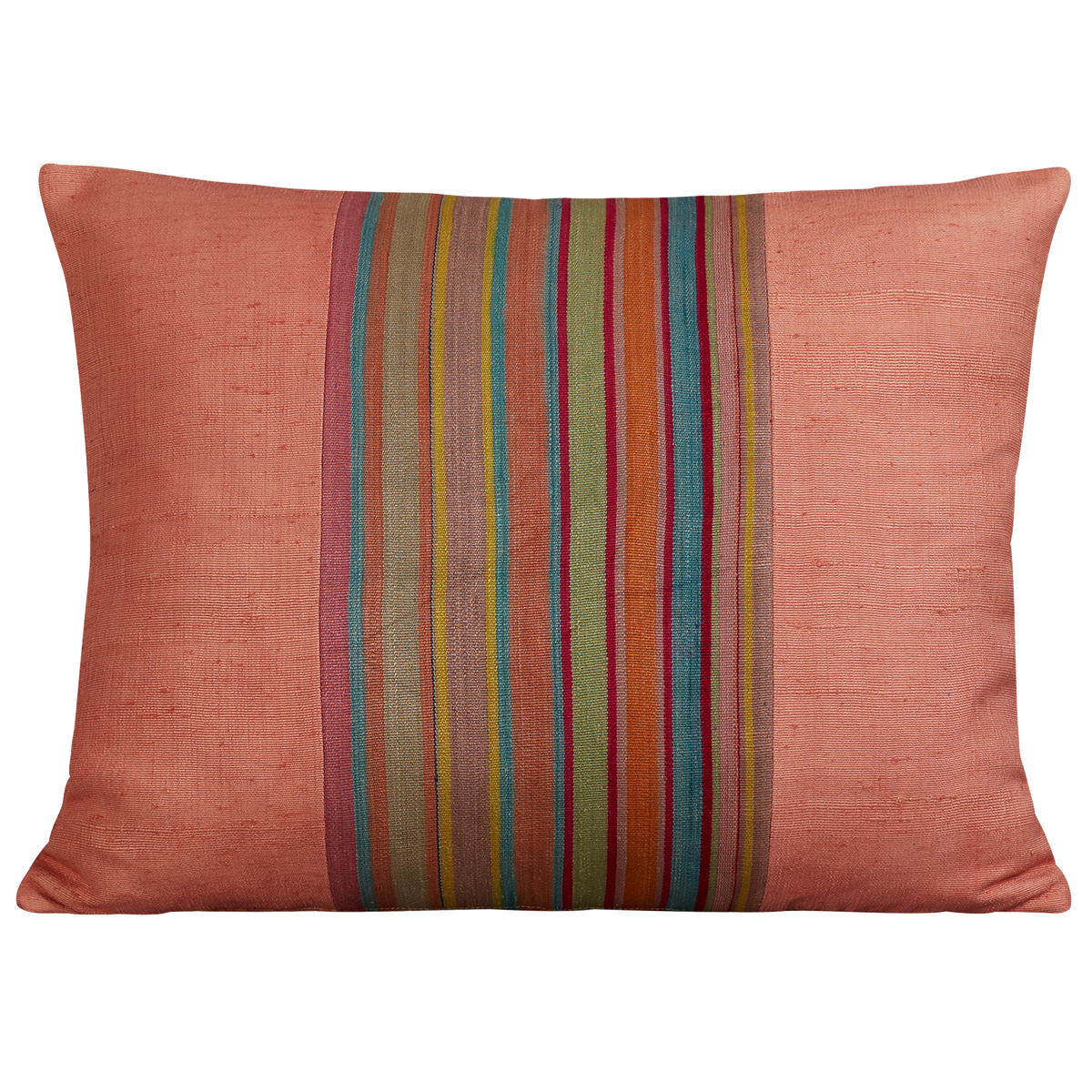 Silk Jajim cushion - Pink/green and orange stripe on pink silk