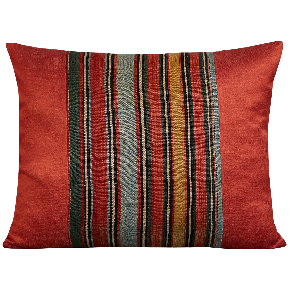 Silk Jajim cushion - Red/yellow and pale blue stripe on deep red silk