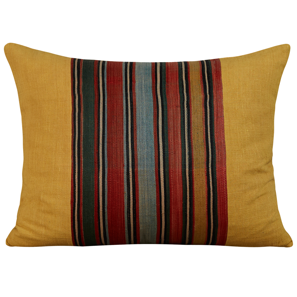Silk Jajim cushion - Terracotta/green and pale blue stripe on yellow silk