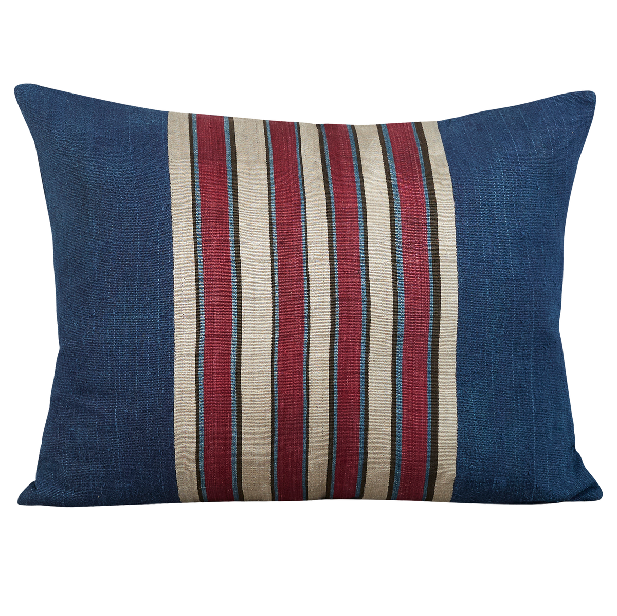 Silk Jajim cushion - Burgundy/ecru stripe on navy blue silk