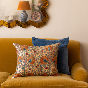 Rectangular silk suzani embroidered cushion- pillow with double carnation design