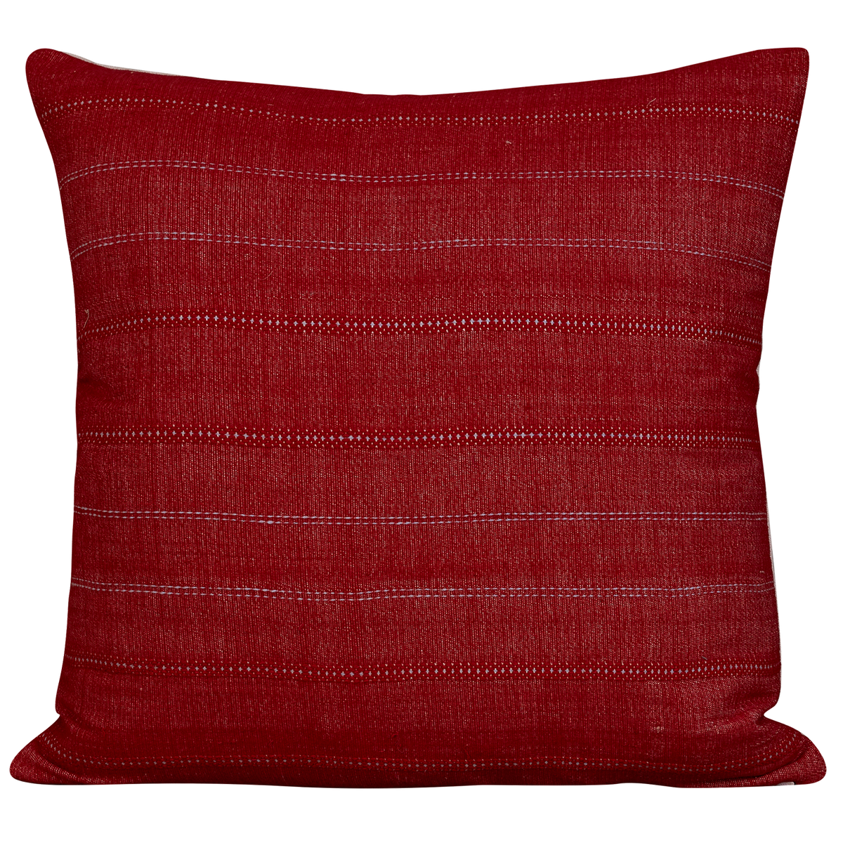 Square cushion in Vintage French red linen with lilac self stripe