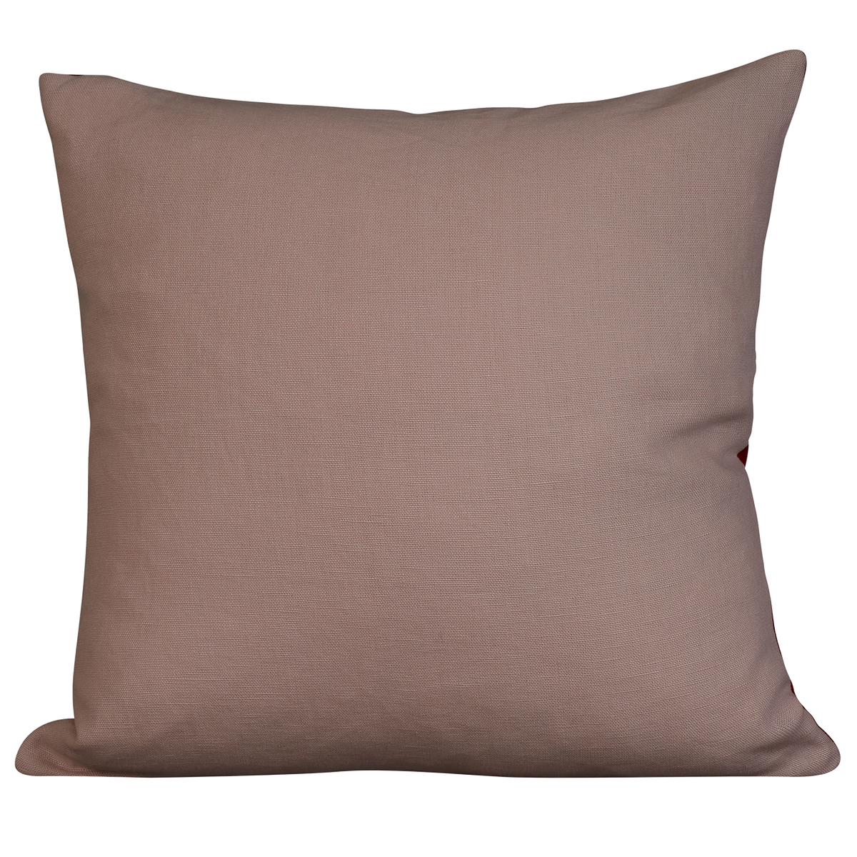 Square cushion in Vintage French red linen with lilac self stripe