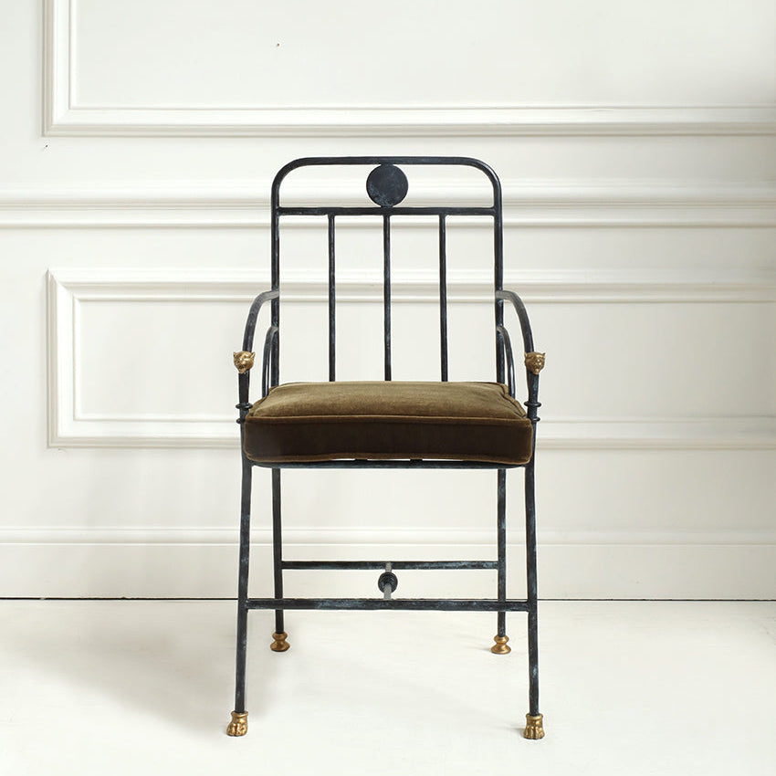 Decorative chair with metal frame and brown cushion on a white background