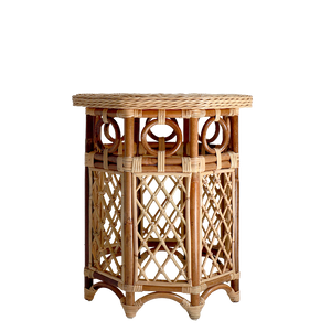 Wicker side table with lattice design on a white background