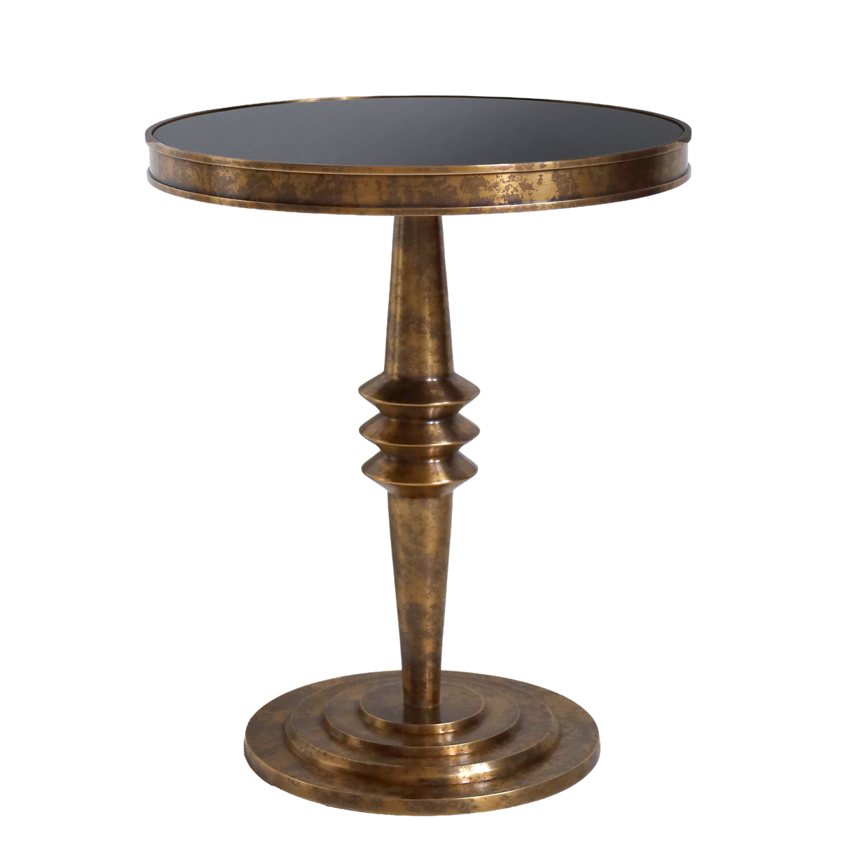 Bronze side table with a black glass top on a white background
