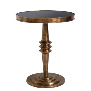 Bronze side table with a black glass top on a white background