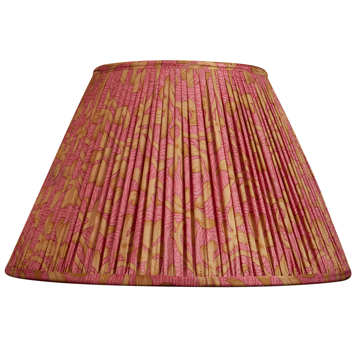 14 inch French drum Pink floral with camel/tan leaf silk sari lampshade