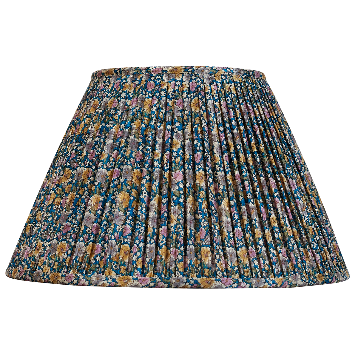 14 inch French drum caramel and pink floral design on blue ground silk sari lampshade