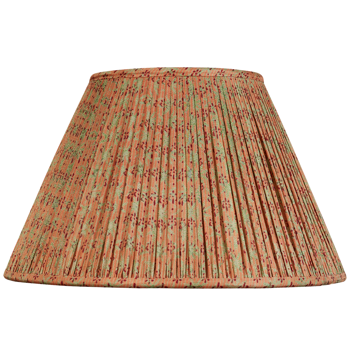 14 inch French drum trailing green floral design on salmon pink ground silk sari lampshade