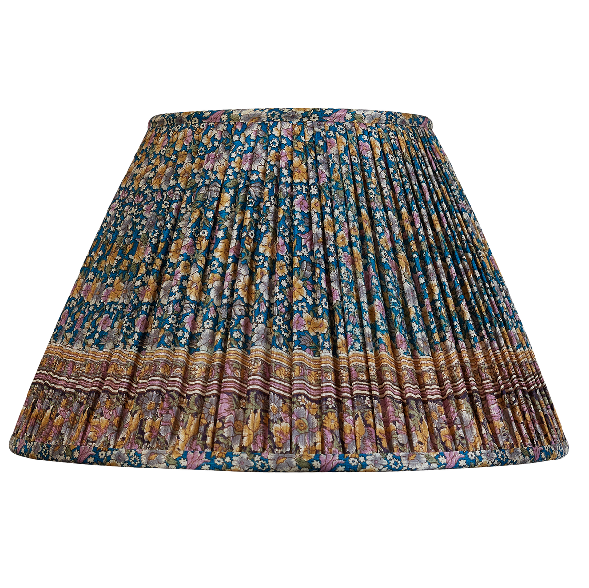 14 inch French drum caramel and pink floral design on blue ground silk sari lampshade