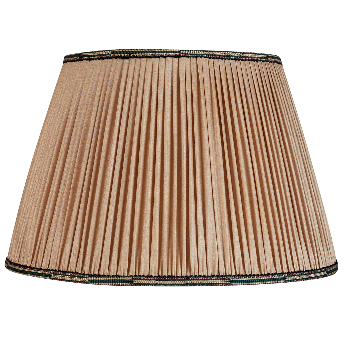 16 Inch Mink Tussar silk lampshade with pink/green cotton embroidered braid to top and bottom