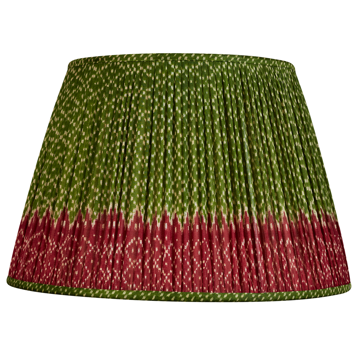 18 Inch Vibrant green geometric design silk sari lampshade with burgundy border