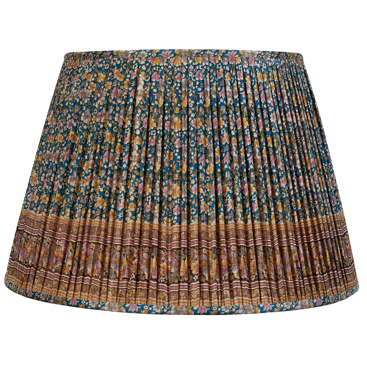 18 Inch Caramel and pink floral design on blue ground silk sari lampshade with border