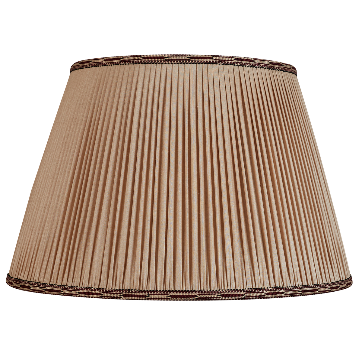 20 inch Mink Tussar silk lampshade with burgundy embroidered cotton braid to top and bottom