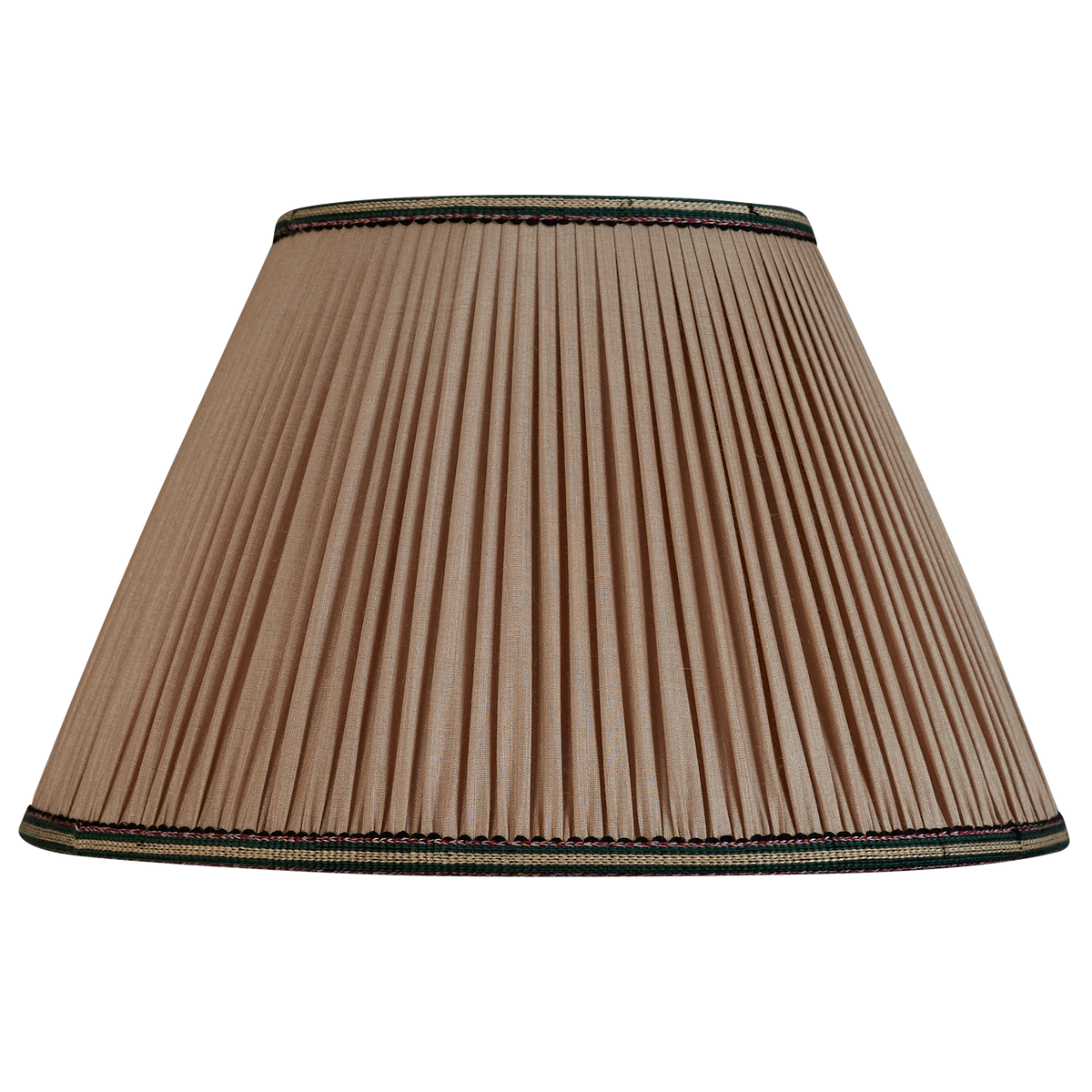 14 inch Mink Tussar silk lampshade with green/pink embroidered cotton braid
