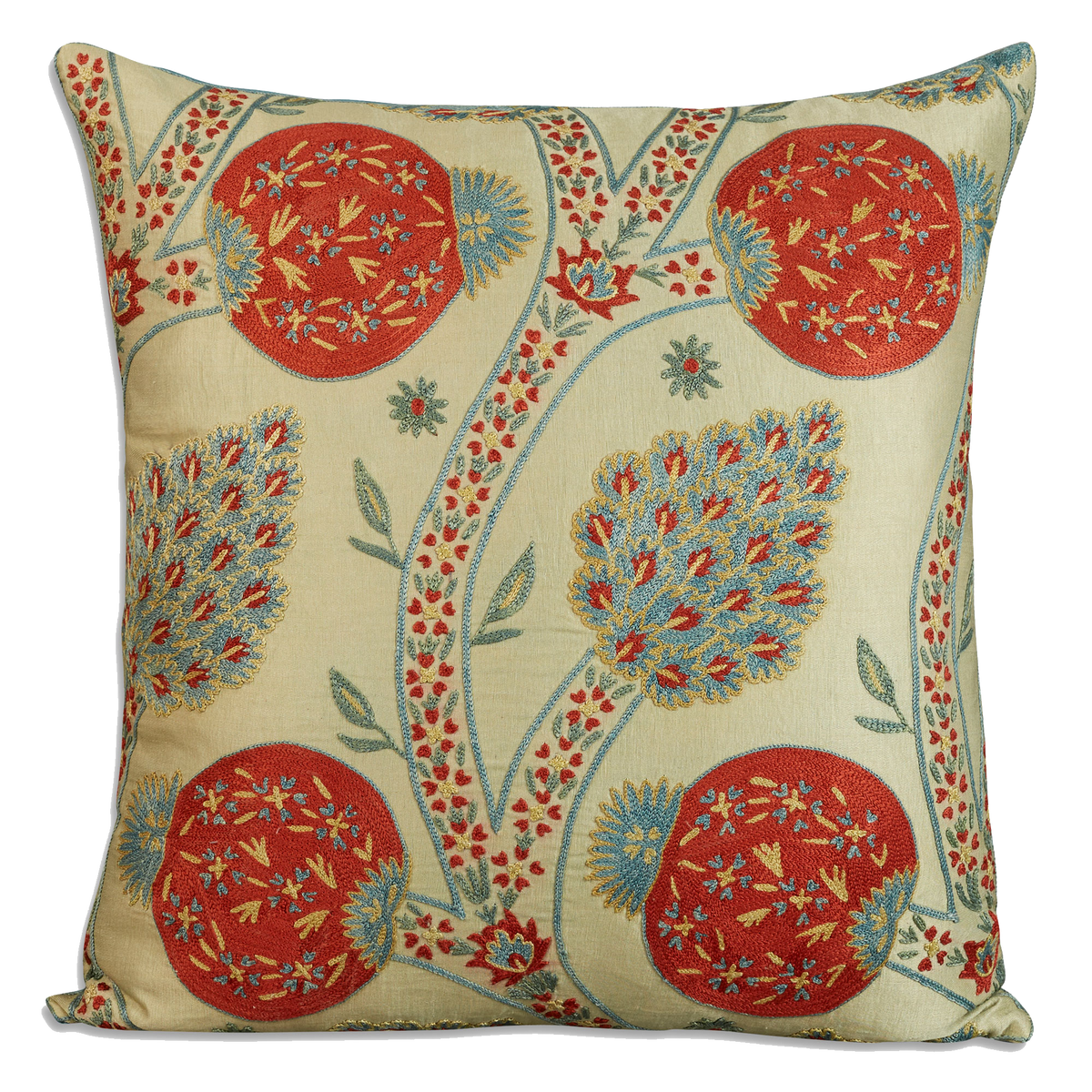Square floral silk suzani embroidered cushion