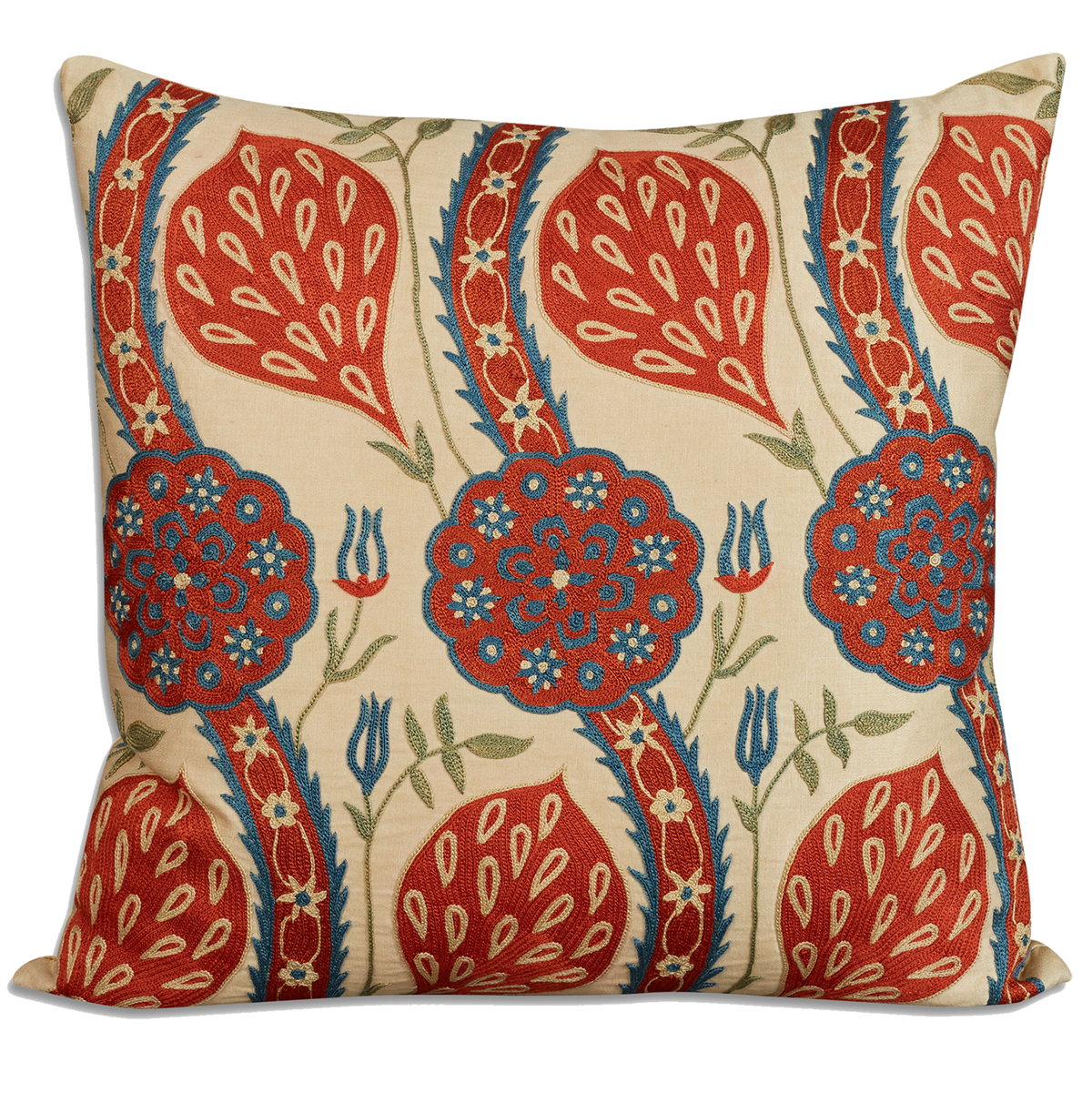Red floral and seed pod embroidered, square silk suzani cushion - pillow