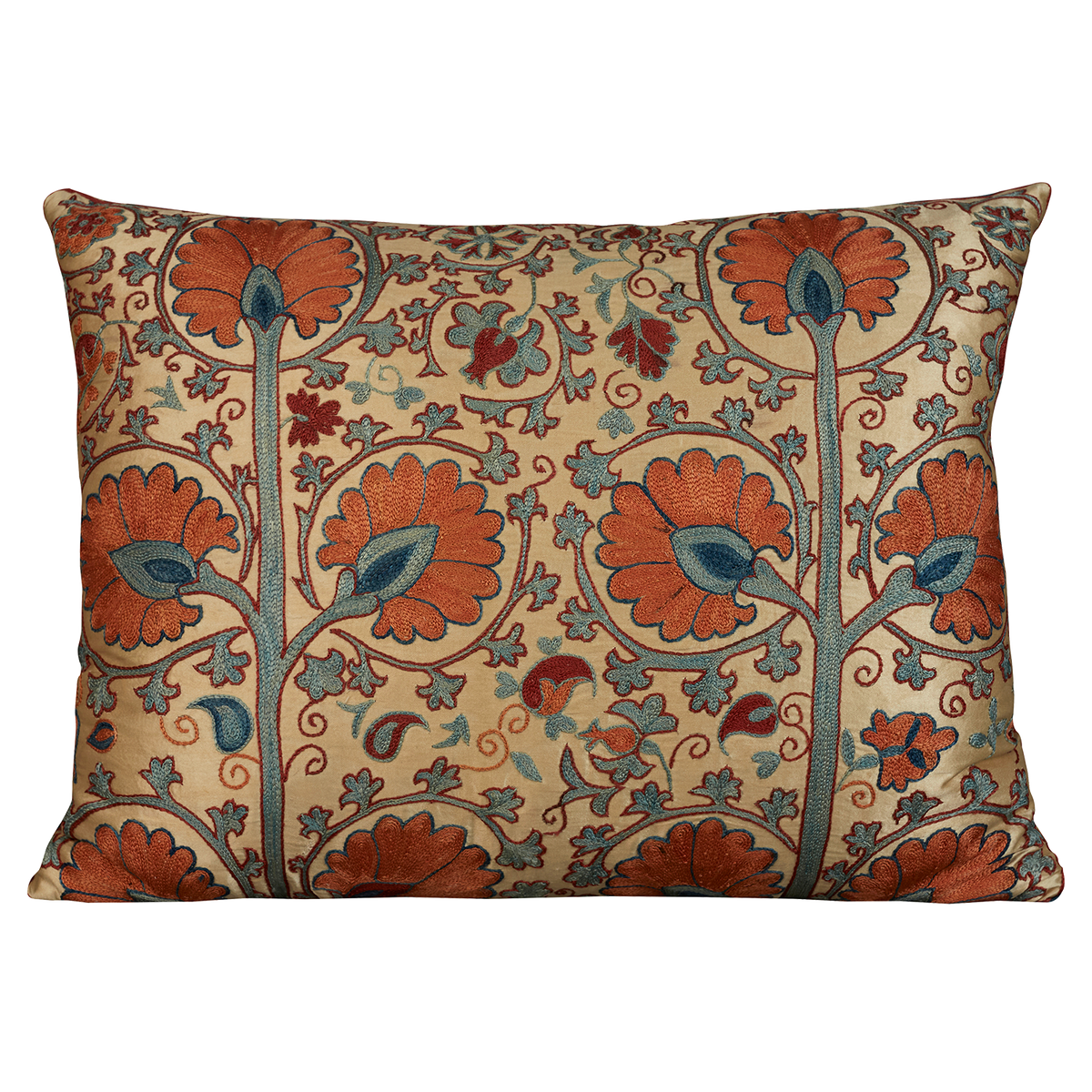 Rectangular silk suzani embroidered cushion- pillow with double carnation design