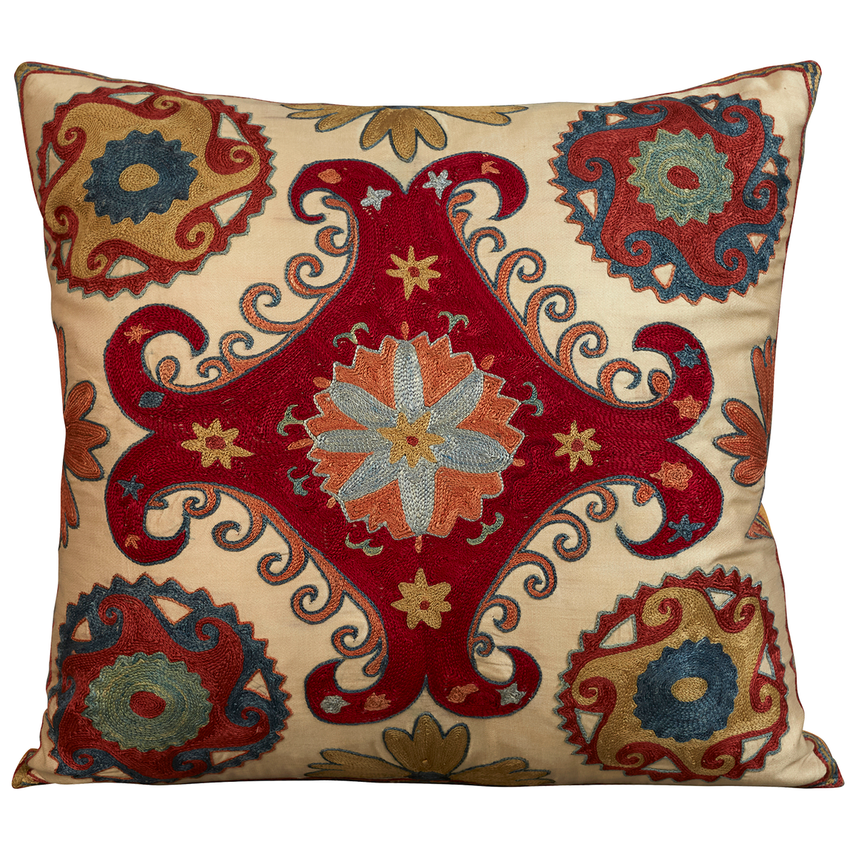 Square silk suzani embroidered cushion with central medallion