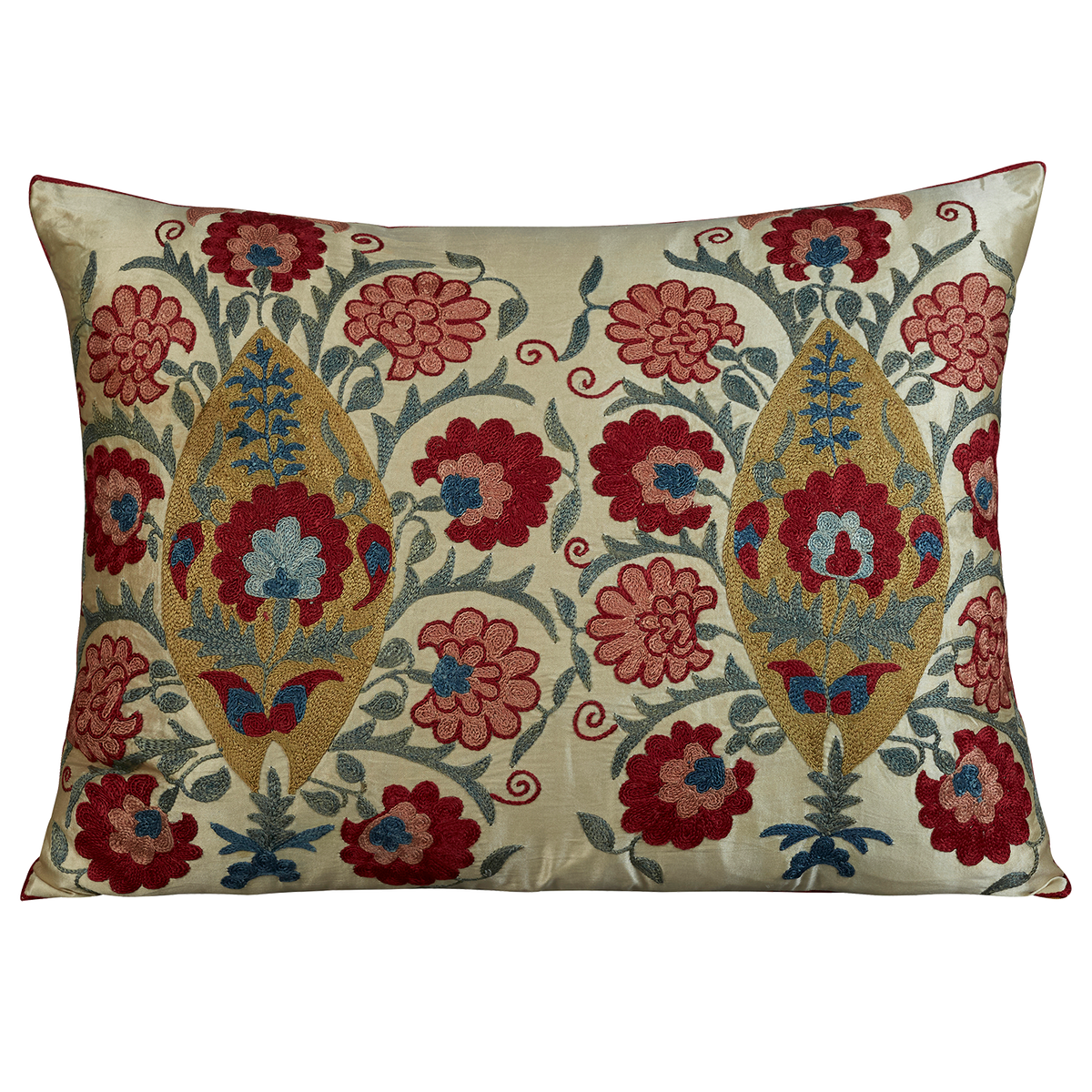 Rectangular silk suzani embroidered cushion with double leaf and floral design