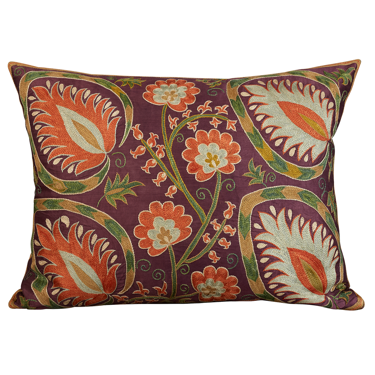 Rectangular silk suzani cushion with floral design on an aubergine silk background