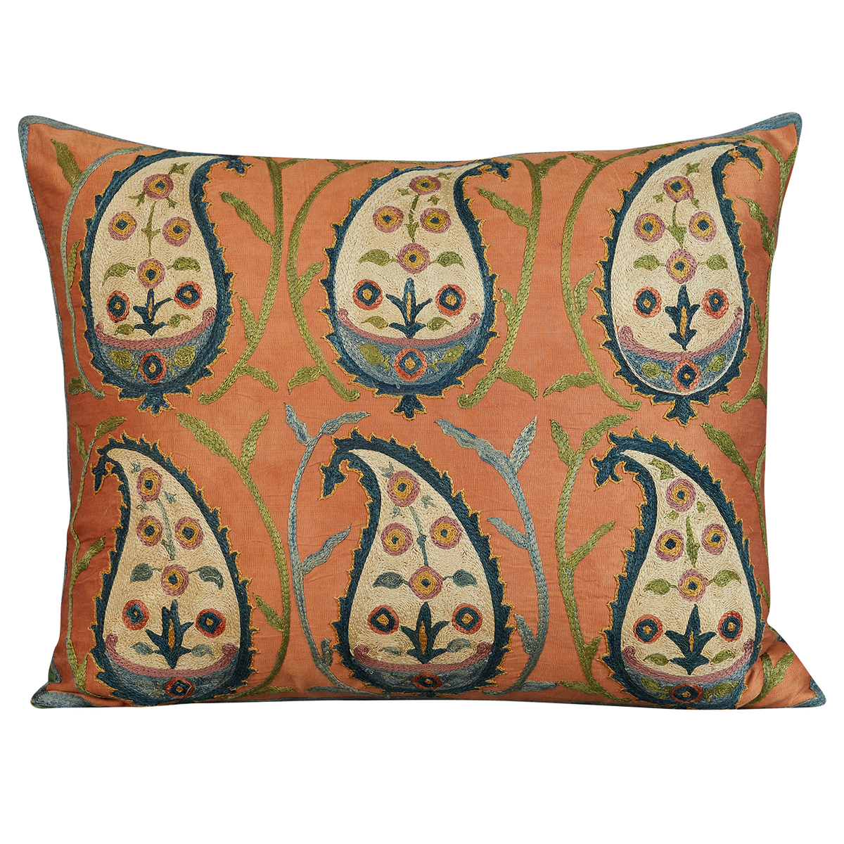 Rectangular silk suzani paisley design cushion on peach/pink silk background