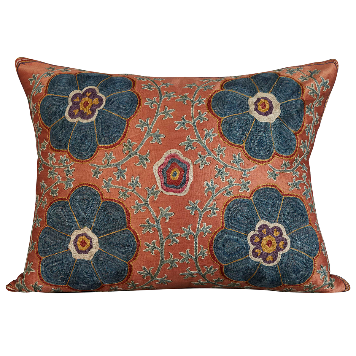 Rectangular silk suzani cushion with classic ottoman floral and rosette design with blue silk back