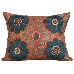 Rectangular silk suzani cushion with classic ottoman floral and rosette design with blue silk back