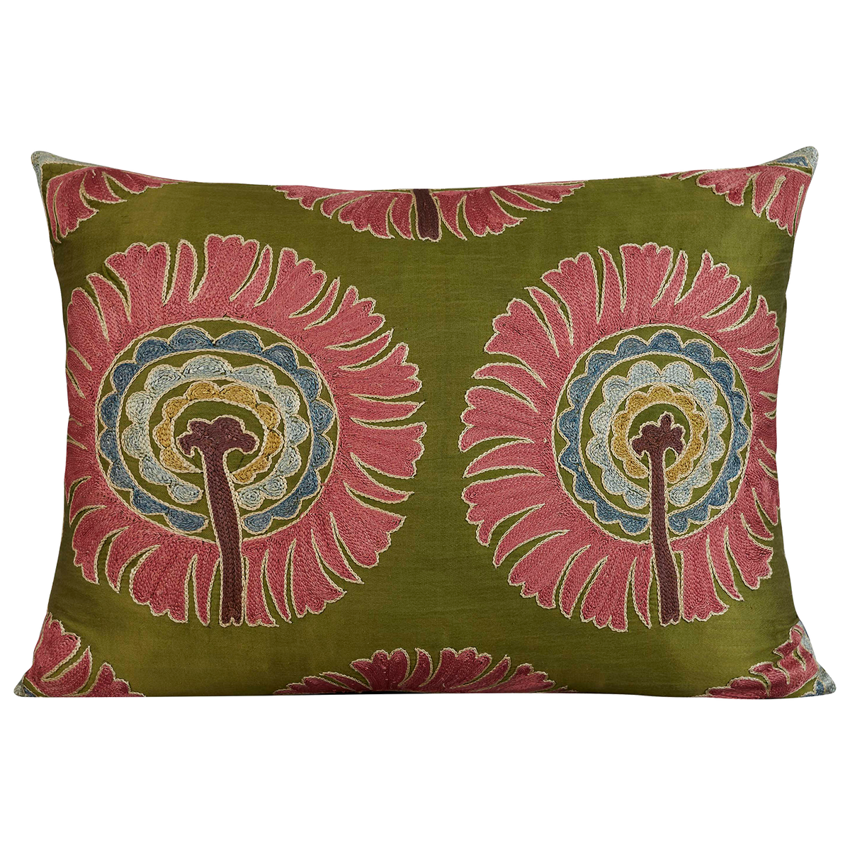 Rectangular silk suzani cushion with unusual palm tree design on green background