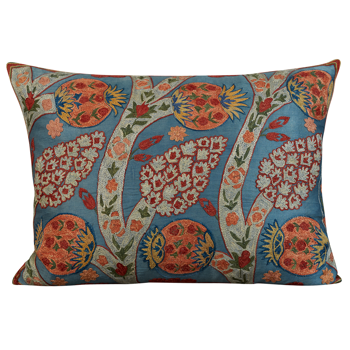 Rectangular silk suzani cushion with pomegranate and vine design on blue ground