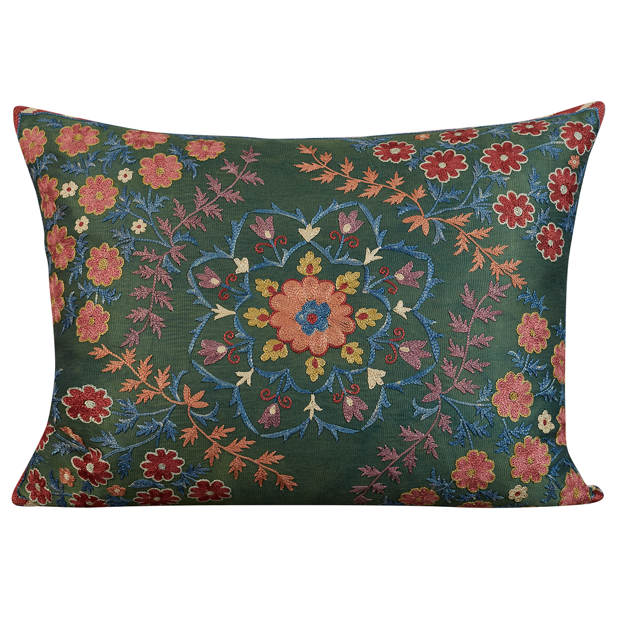 Rectangular silk suzani cushion with small petal floral design