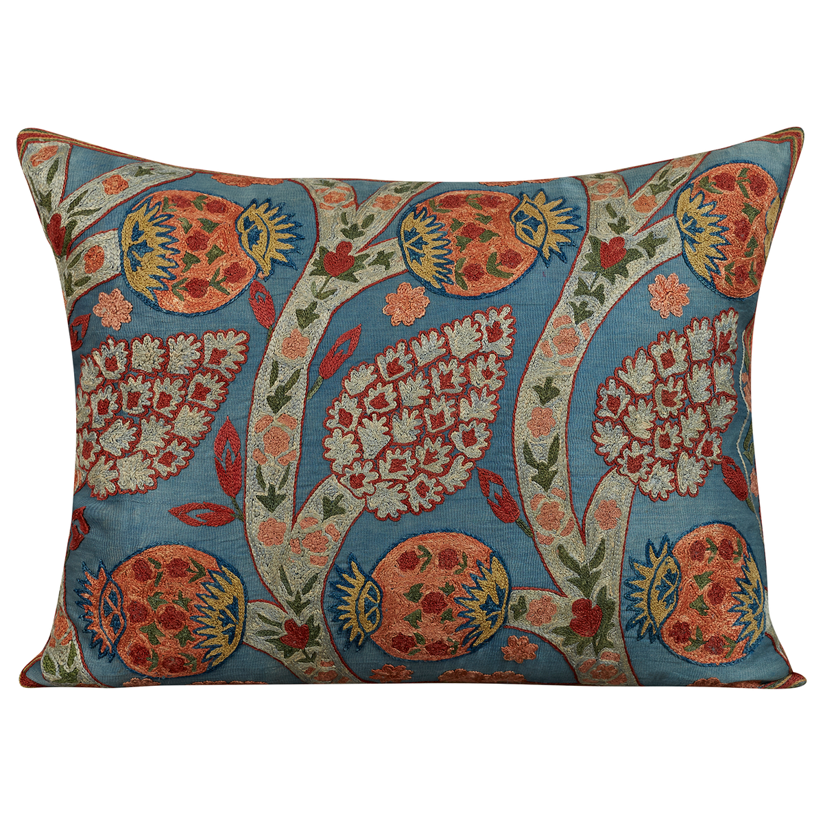 Rectangular silk suzani cushion with vine and pomegranate design on blue ground